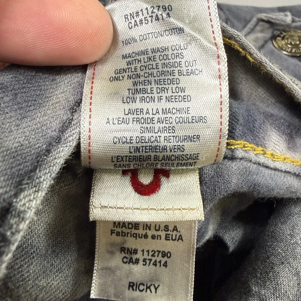 True Religion Ricky Big T Jeans Mens 44x33 Grey Cloud Wash Straight Flap Pockets